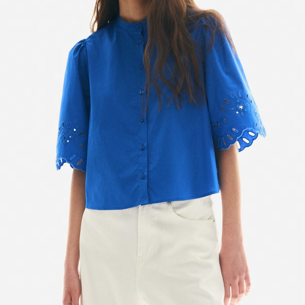 Women's Blue Eyelet Sleeve Top h&m